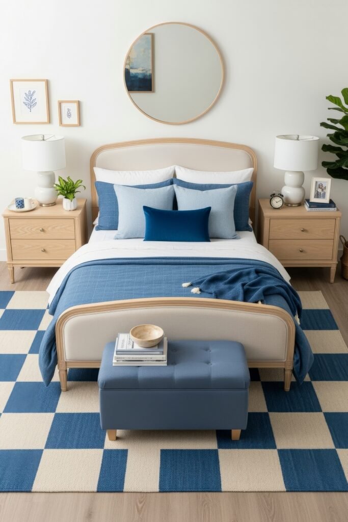 Fresh blue bedroom ideas for a calm, chic retreat 12 Modern bedroom with light wood furniture, layered blue bedding, a round mirror, and a blue checkered rug.