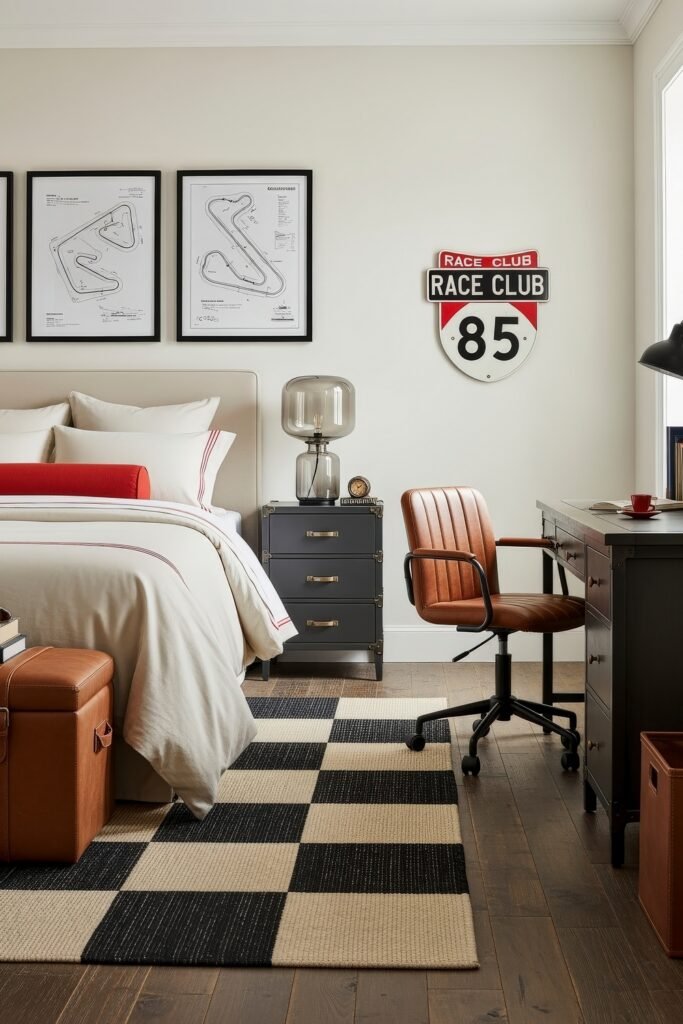 Breezy, Stylish Boys Bedroom Ideas for Modern Families 11 Sophisticated race-themed bedroom with framed track prints, a leather desk chair, a "Race Club 85" sign, and cream bedding accented by red details, creating a stylish take on boys bedroom ideas.