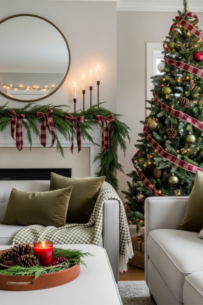 Cozy-Luxe Ideas for Burgundy Christmas Decor 10 Living room with a plaid-ribboned tree, garland-draped mantel, and a tray centerpiece of pinecones, berries, and a red candle.