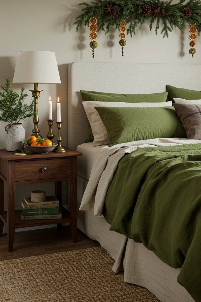 Elevate Your Bedroom with Cozy Christmas Bedding 11 Bed styled with olive green and beige bedding, brass candlesticks, and a bowl of oranges, under garland decorated with pinecones and dried citrus for natural Christmas décor.