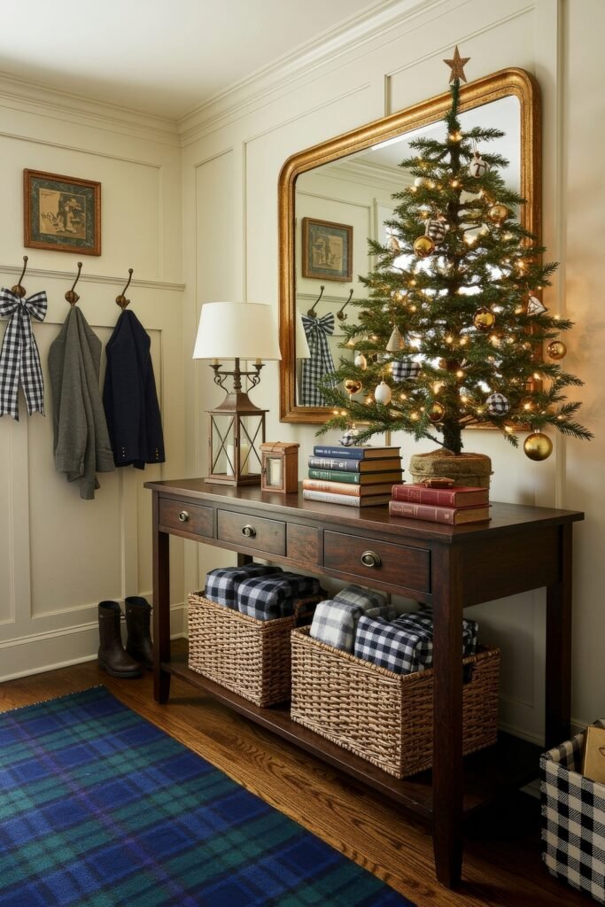 Cozy Christmas Décor for a christmas entryway 11 A dark wood console table topped with a small lit Christmas tree, vintage books, and a lantern, with baskets of plaid blankets underneath for a cozy Christmas décor entryway.