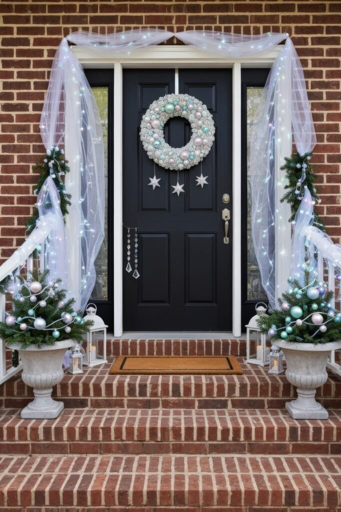 Cozy Entry Magic for christmas porch décor 10 Brick porch decorated with a black door, shimmering silver and pastel wreath, glowing sheer drapes, small potted trees with ornaments, and icicle-style hanging crystals.