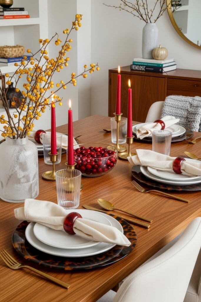 Modern, Cozy Ideas for Fall Thanksgiving Décor 12 A dining table styled with red candles, golden flatware, and a centerpiece of cranberries in a glass bowl, paired with ivory napkins and tortoiseshell chargers for festive Thanksgiving décor.