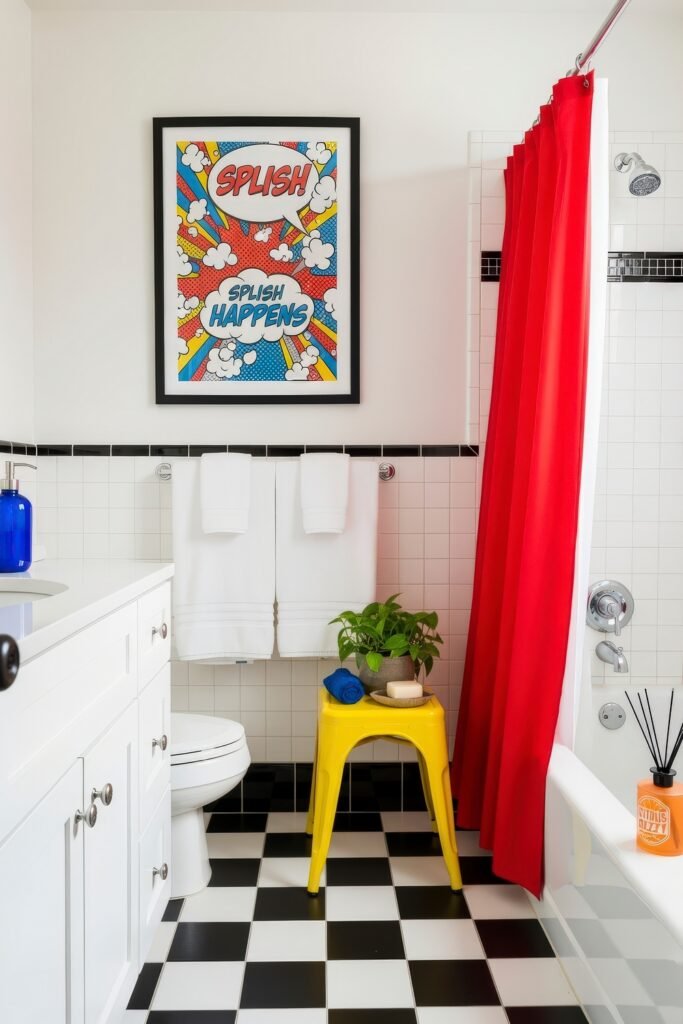 Small Changes, Big Smiles with funny bathroom decor 12 Retro-inspired bathroom decor with black-and-white tile, red shower curtain, and comic-style wall art bringing a bold, funny bathroom decor vibe.