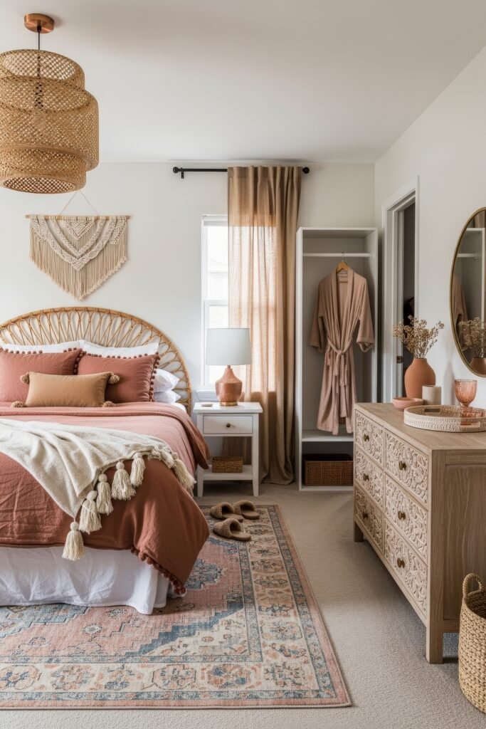 Fresh girls bedroom ideas for a stylish, cozy escape 12 Warm boho bedroom with terracotta bedding, rattan headboard, macrame wall art, and earthy neutral tones.