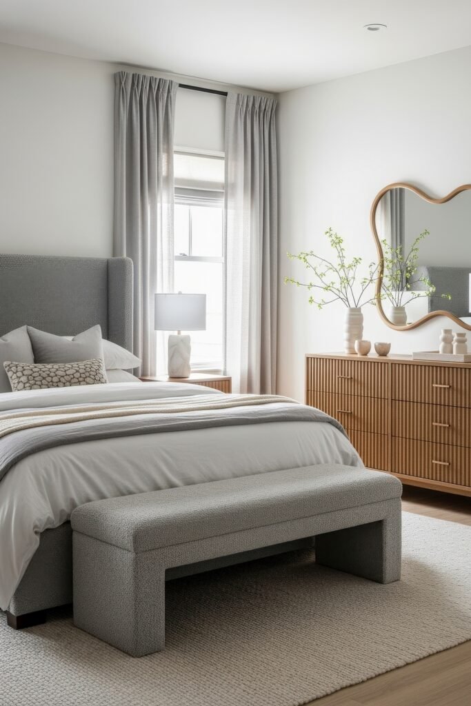 Grey bedroom ideas for a calm, stylish retreat 11 Serene bedroom with a grey upholstered bed, layered neutral bedding, wood dresser with curved mirror, and soft natural light.