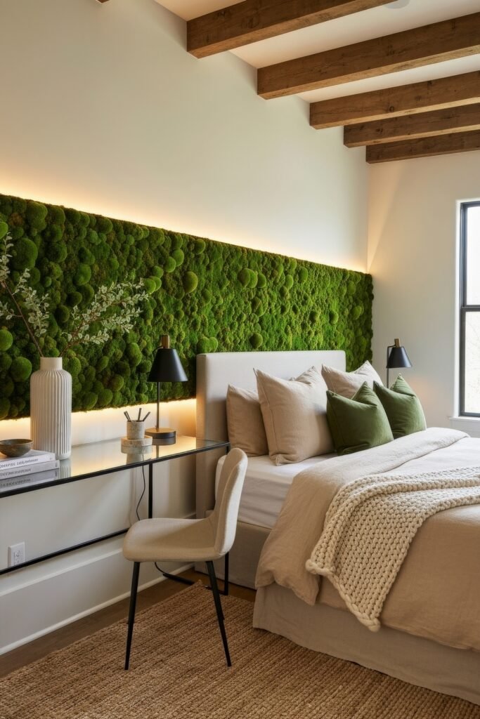 Clever Ways to Style a Home Office Guest Room Combo 11 Nature-inspired home office guest room combo with a bed framed by a living moss wall, a sleek desk, and neutral bedding accented with green pillows.