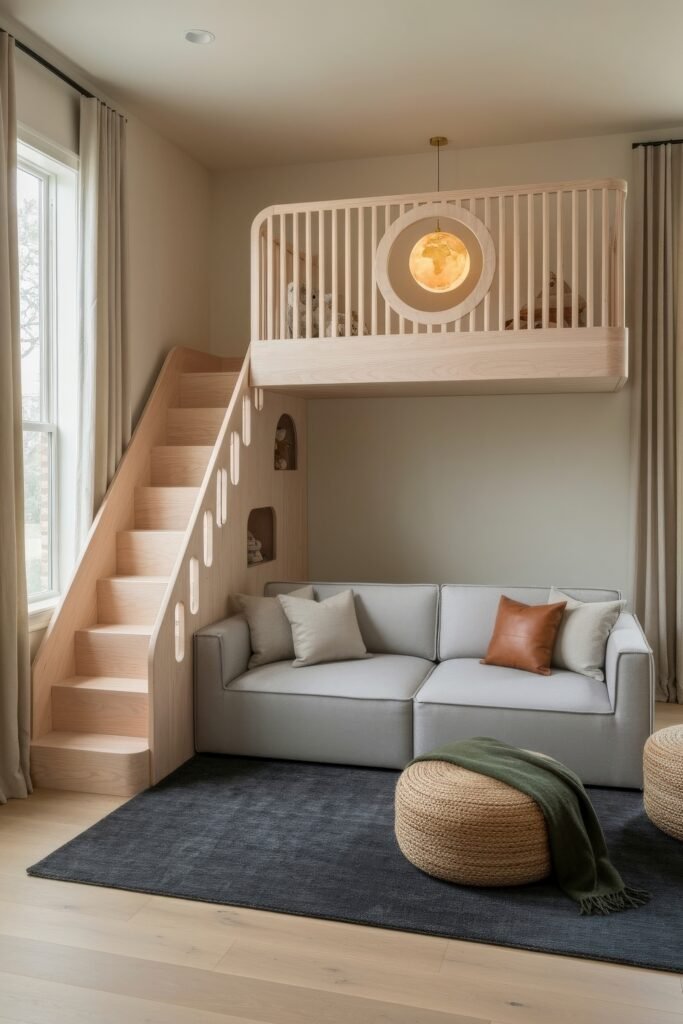A Living Room Playroom Combo That Works 11 Stylish living room playroom combo with a gray sofa, woven poufs, and a light wood loft structure featuring stairs, a railing, and a round cutout window.