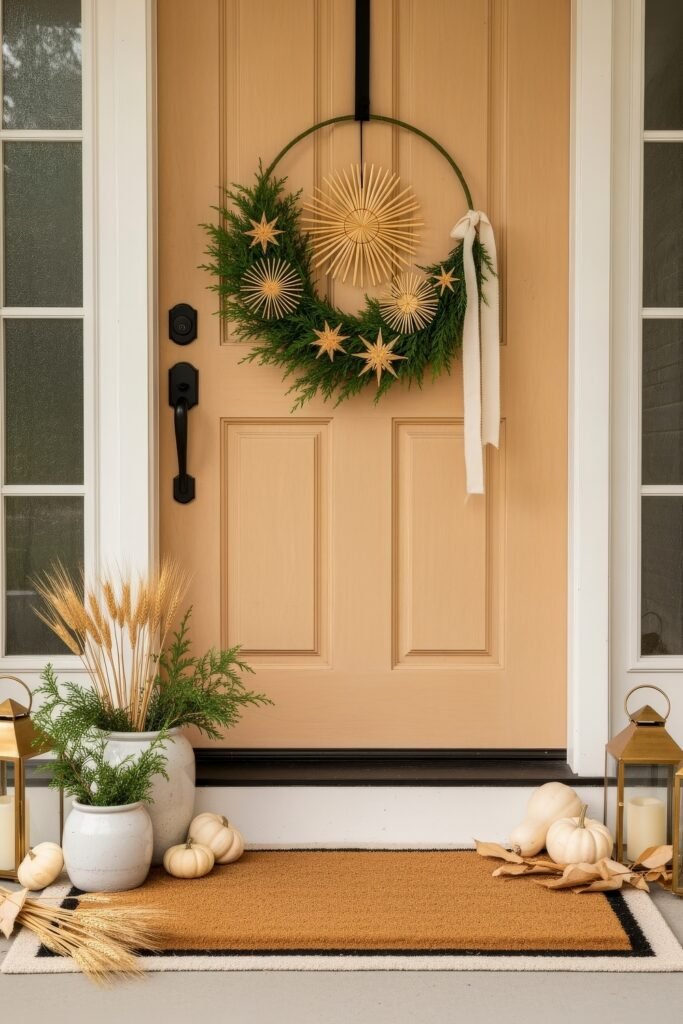 Warm, Modern Thanksgiving Door Decorations to Welcome Fall 8 Light wood door decorated with a half-greenery wreath featuring golden starburst accents and ribbon, surrounded by lanterns, white pumpkins, and vases of wheat.
