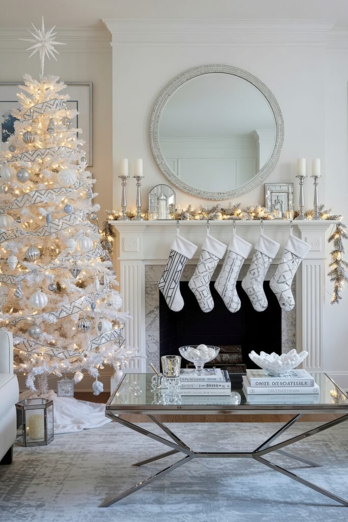 Elegant living room with a white Christmas tree decorated in silver and white ornaments beside a mantel with stockings, candles, and a large round mirror.