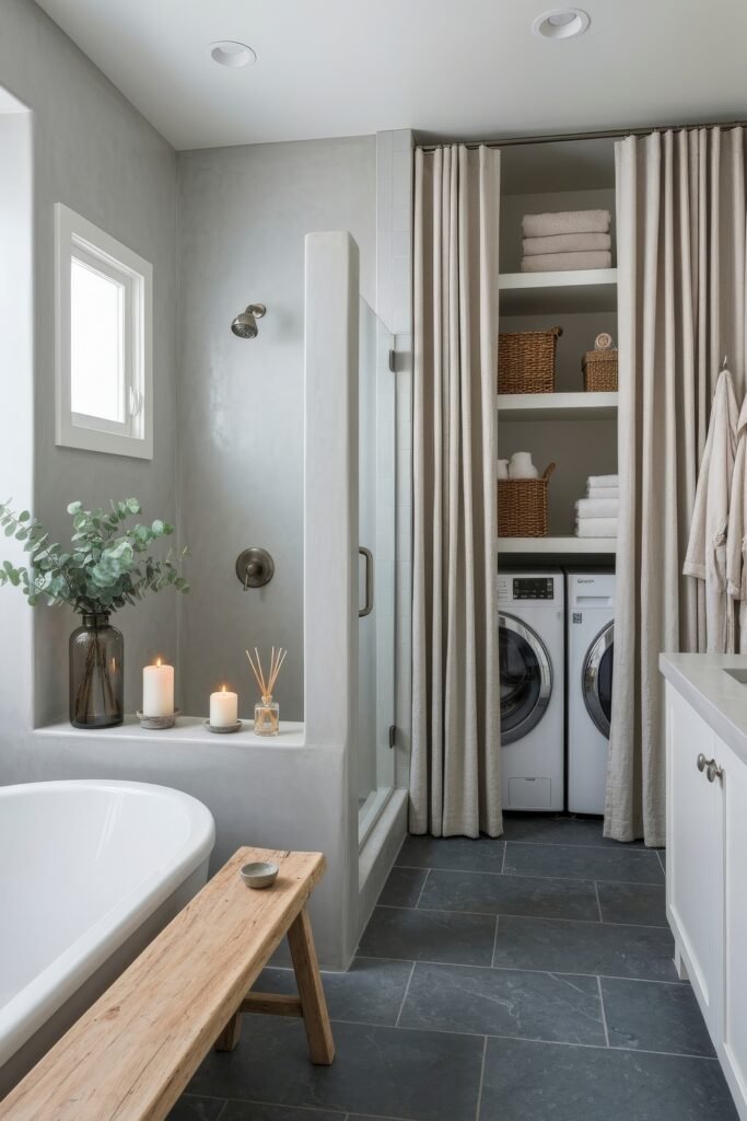Stylish Small Spaces: Bathroom Laundry Combo 11 Bathroom with gray tile floors, soaking tub, and a laundry nook featuring side-by-side washer and dryer hidden behind beige curtains with shelves above.
