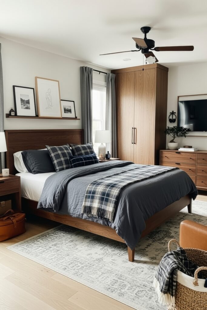 Effortlessly Stylish bedroom ideas for men That Feel Personal 12 Cozy bedroom featuring a wood bed with navy and gray plaid bedding, large wardrobe, dresser, and layered artwork above the headboard.