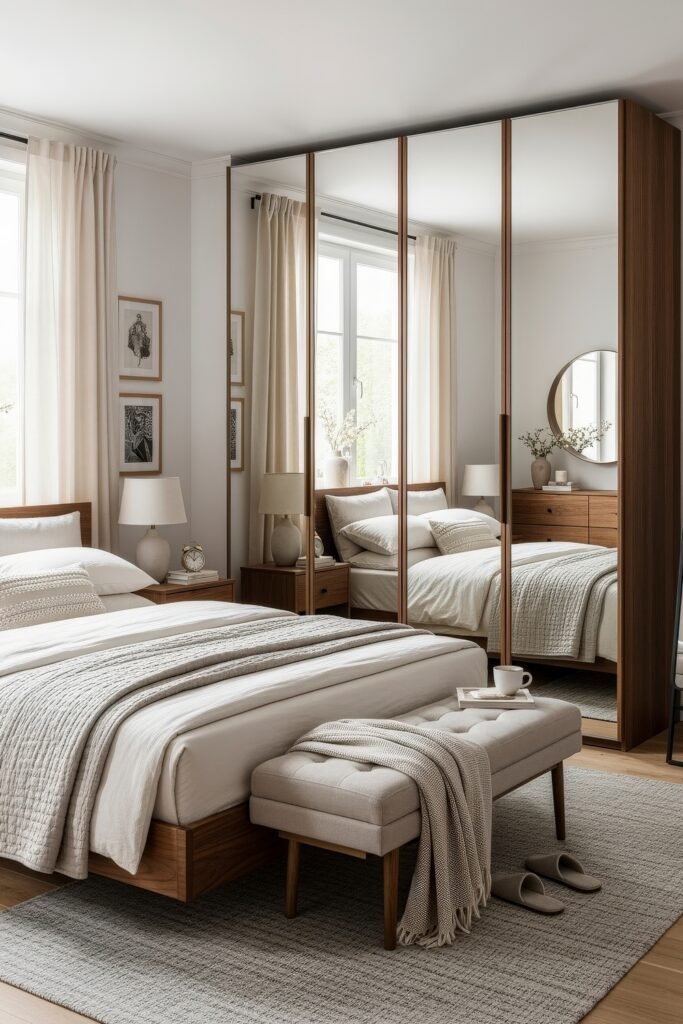 Bright bedroom with mirrored closets, a tufted bench, layered white bedding, and natural wood furniture for an airy, elegant feel.