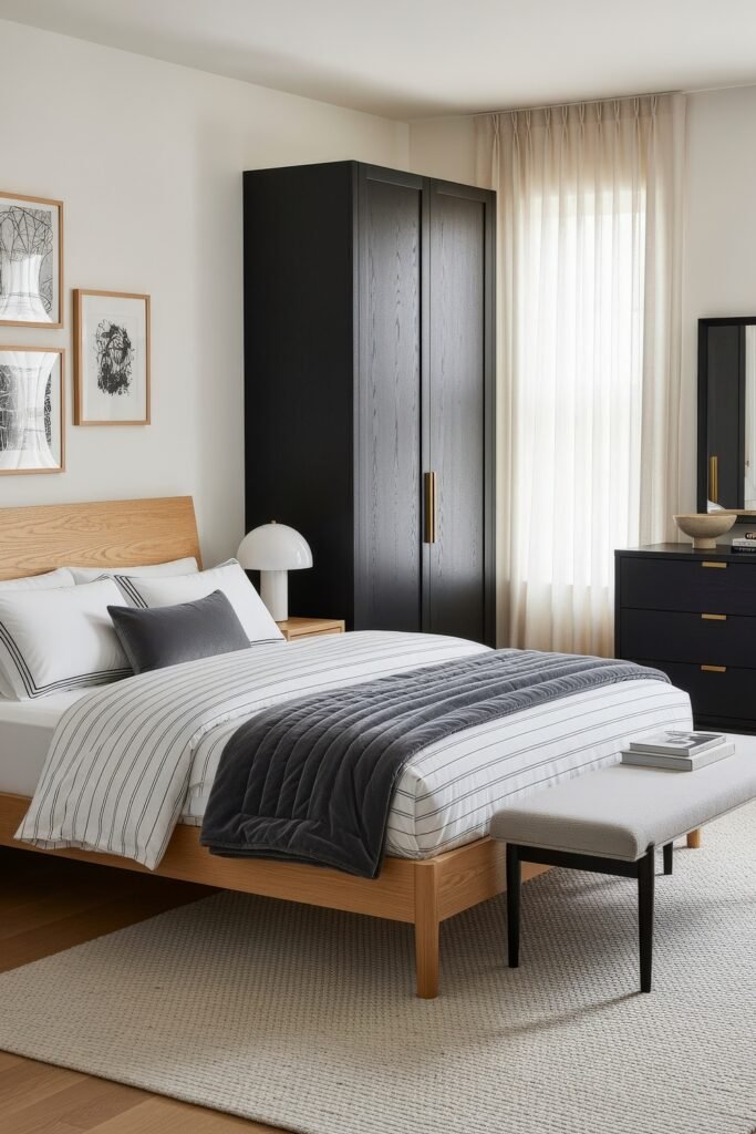 Contemporary space with a natural wood bed frame, striped bedding, gray quilt, and black wardrobes paired with gold hardware for contrast.