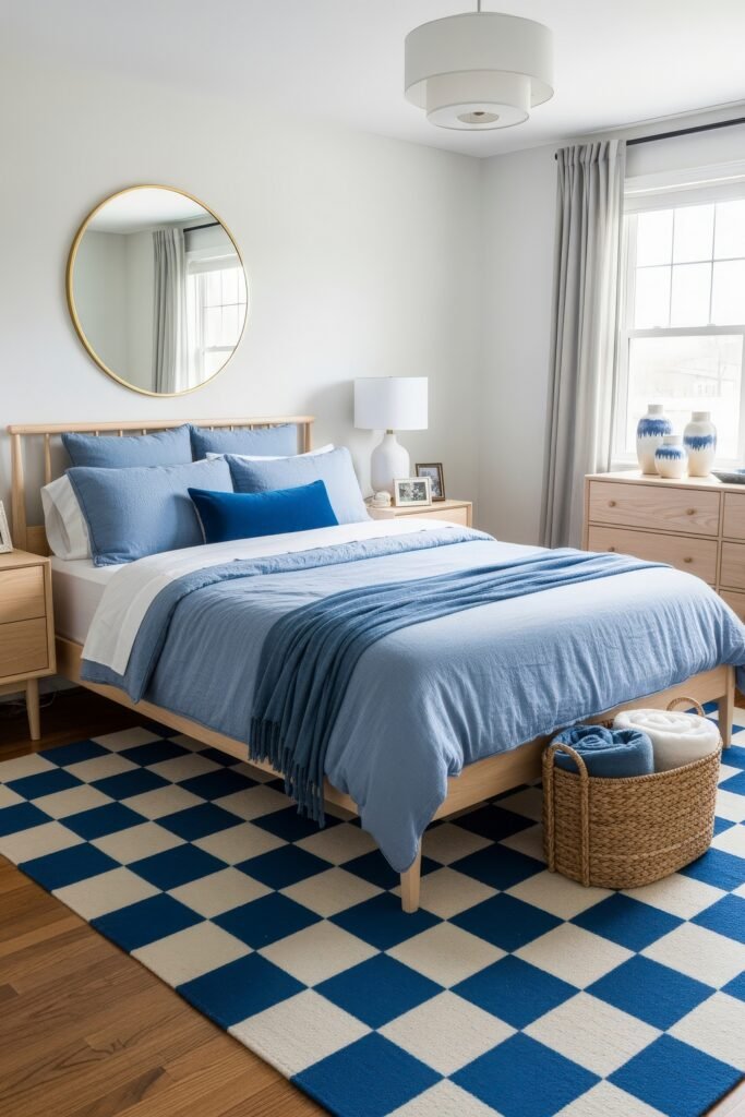 Fresh blue bedroom ideas for a calm, chic retreat 13 Cozy bedroom with light wood bed frame, layered blue bedding, a round mirror, and a woven basket at the foot of the bed.