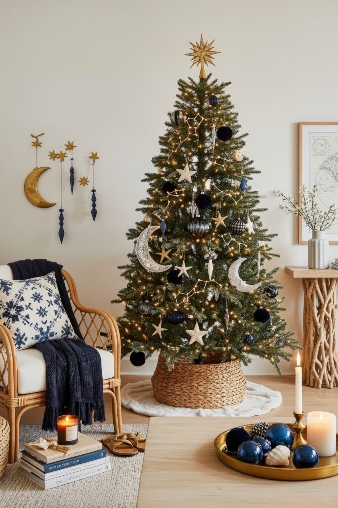 Cozy Holiday Magic With Blue Christmas Décor 12 Cozy room with a Christmas tree trimmed in gold stars, navy baubles, and silver moon ornaments, paired with warm candlelight and rattan textures.