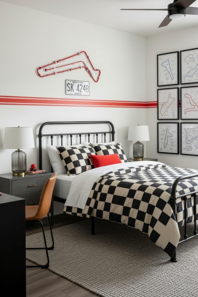 Breezy, Stylish Boys Bedroom Ideas for Modern Families 12 Checkered bedding and raceway-themed wall art define this boys bedroom, which also features industrial-style furniture, a black and white palette, and bold red accents for a high-energy look.
