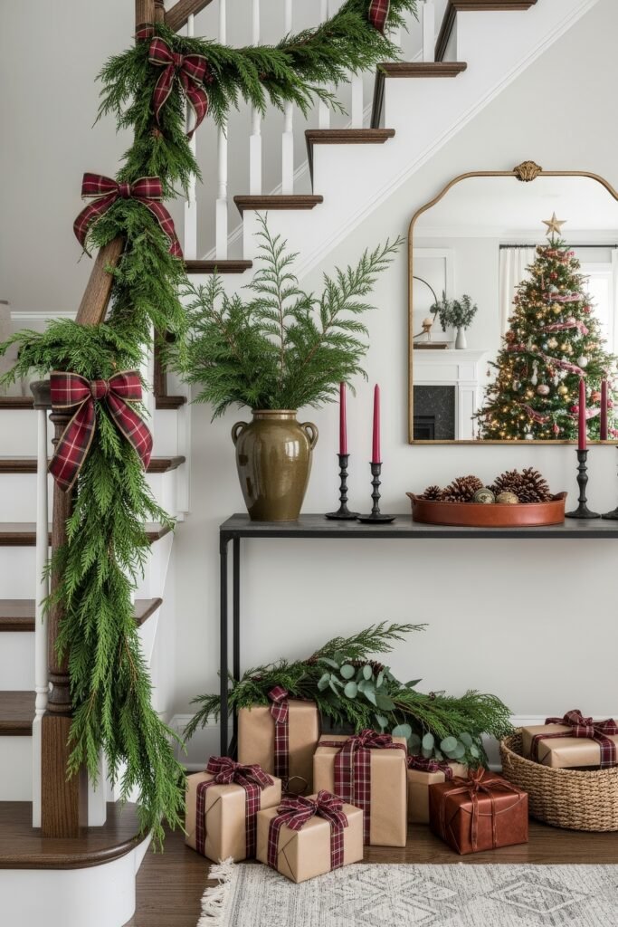 Cozy-Luxe Ideas for Burgundy Christmas Decor 11 Staircase decorated with fresh greenery garland and plaid bows, with wrapped presents and a view of a glowing Christmas tree in the mirror.