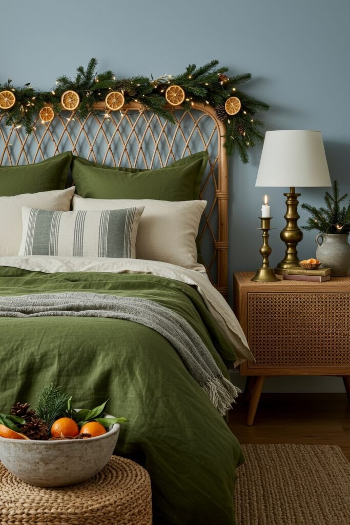 Elevate Your Bedroom with Cozy Christmas Bedding 12 Rattan headboard framed with garland and dried orange slices, bed dressed in green and cream bedding with striped accent pillow, paired with cozy Christmas touches.