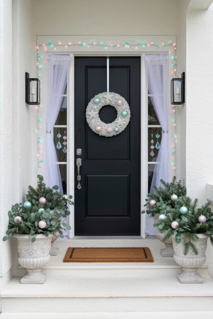 Cozy Entry Magic for christmas porch décor 11 Black front door framed with pastel string lights, white wreath with seashell stars and ornaments, sheer curtains, potted evergreens with pastel baubles, and crystal ornaments hanging in the windows.