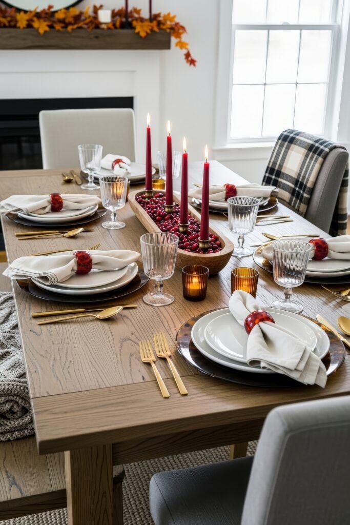Modern, Cozy Ideas for Fall Thanksgiving Décor 13 A rustic dining table decorated with red candles, glassware, and a wooden trough centerpiece filled with cranberries, creating a classic Thanksgiving décor.