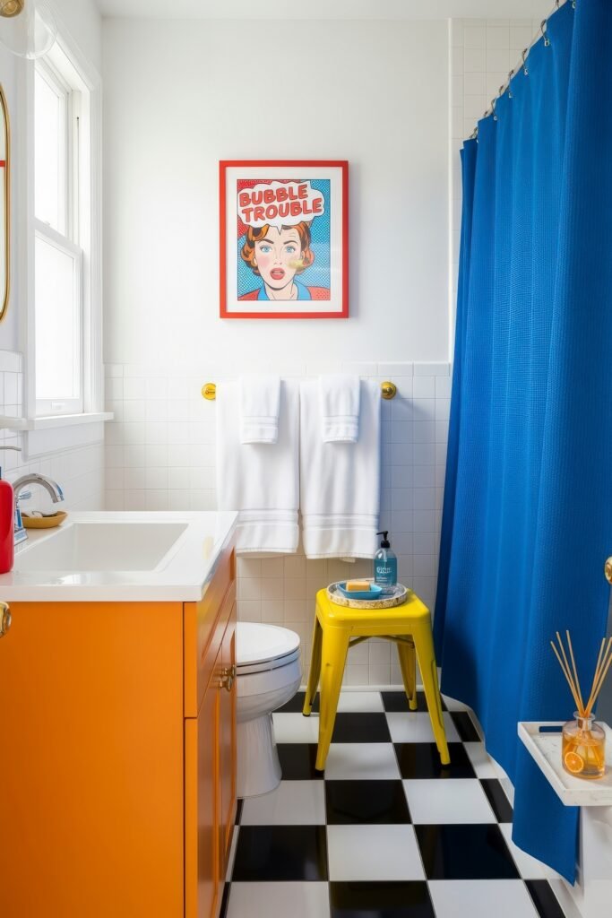 Small Changes, Big Smiles with funny bathroom decor 13 Bright bathroom decor with orange vanity, blue shower curtain, and pop art “bubble trouble” print for a lively funny bathroom decor style.