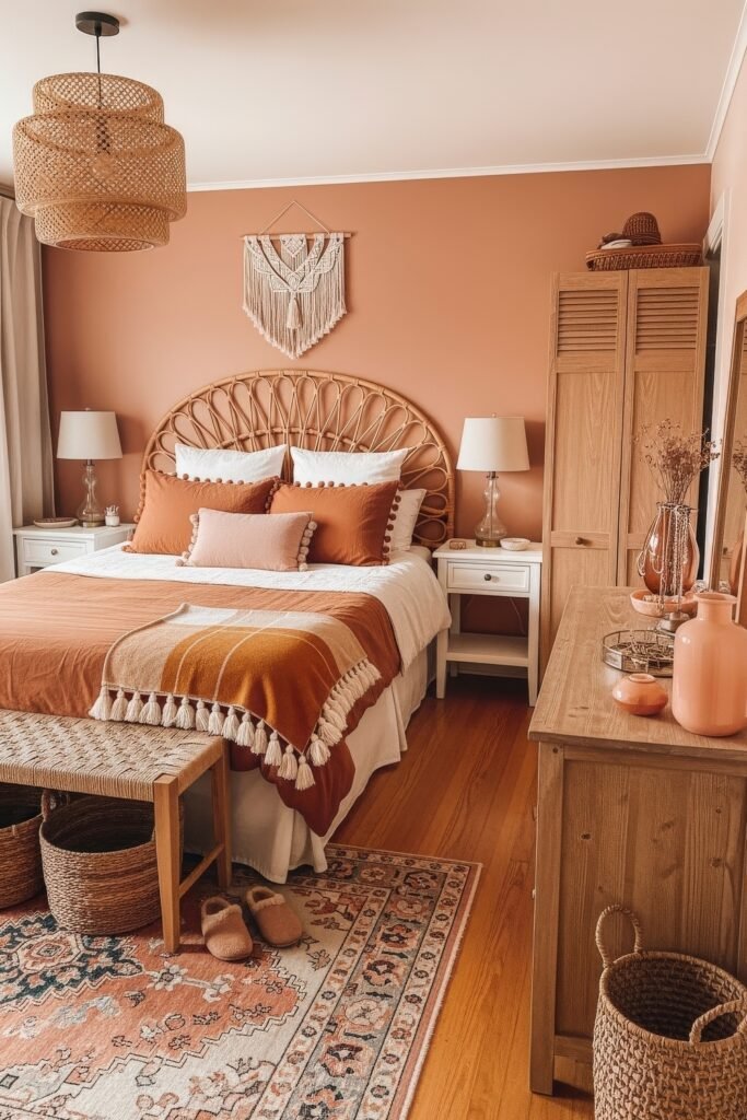 Fresh girls bedroom ideas for a stylish, cozy escape 13 Cozy bohemian bedroom with burnt orange walls, rattan details, and woven baskets for natural texture.