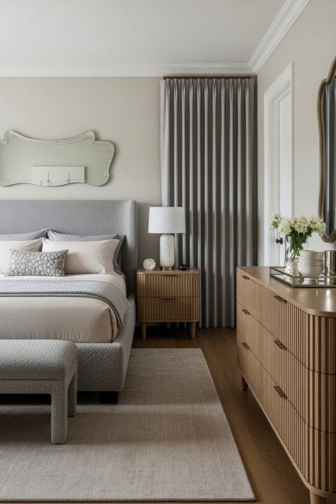 Grey bedroom ideas for a calm, stylish retreat 12 Cozy grey bedroom featuring a textured bed frame, soft neutral bedding, wood furniture, and elegant drapery.