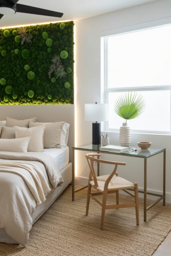 Clever Ways to Style a Home Office Guest Room Combo 12 Bright and modern bedroom-office combo featuring a moss wall behind the bed, a glass desk with minimal decor, and natural light streaming through the window.