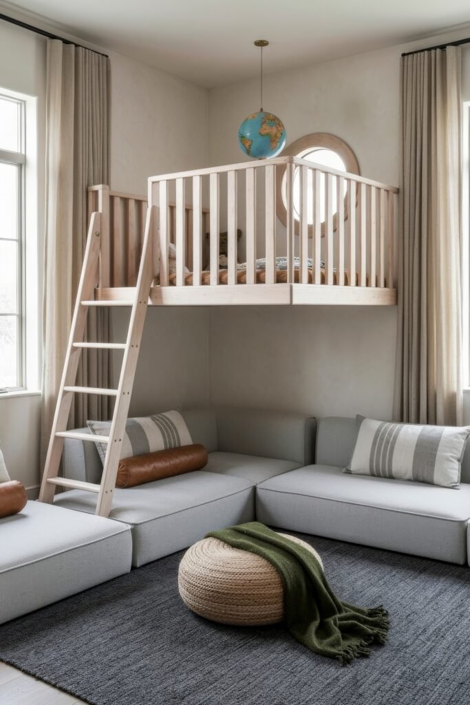 A Living Room Playroom Combo That Works 12 Cozy lounge with sectional floor seating, a woven pouf, and a lofted play bed above with a wooden ladder and a globe-shaped pendant light.