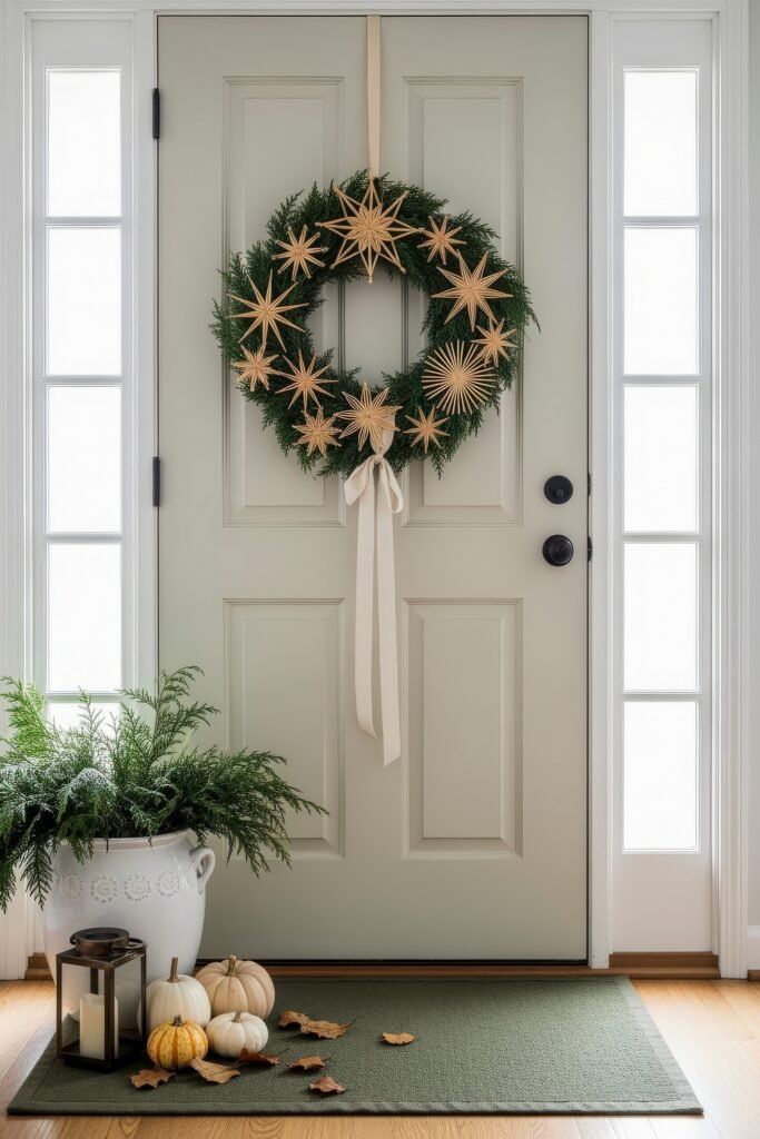 Warm, Modern Thanksgiving Door Decorations to Welcome Fall 9 Pale green door adorned with a full greenery wreath featuring straw starbursts and a white ribbon, complemented by pumpkins, a lantern, and a planter of fresh greens.
