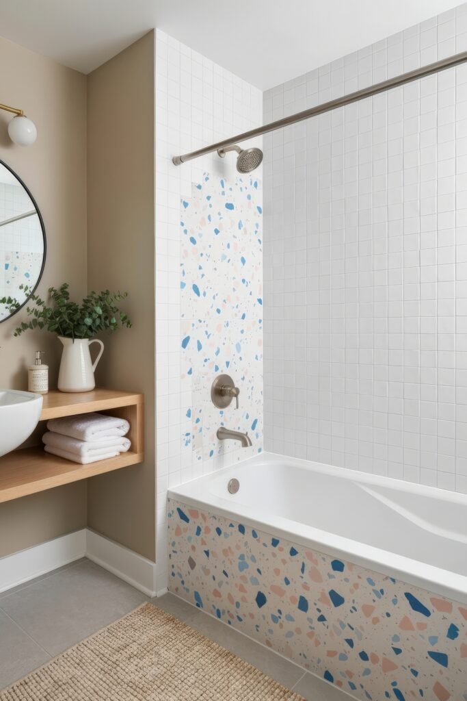 Fresh, Stylish Ways To Elevate Your Tub Shower Combo 13 Modern bathroom with terrazzo tile accents around the tub shower combo, white square tile walls, brushed nickel fixtures, and a wood shelf vanity.