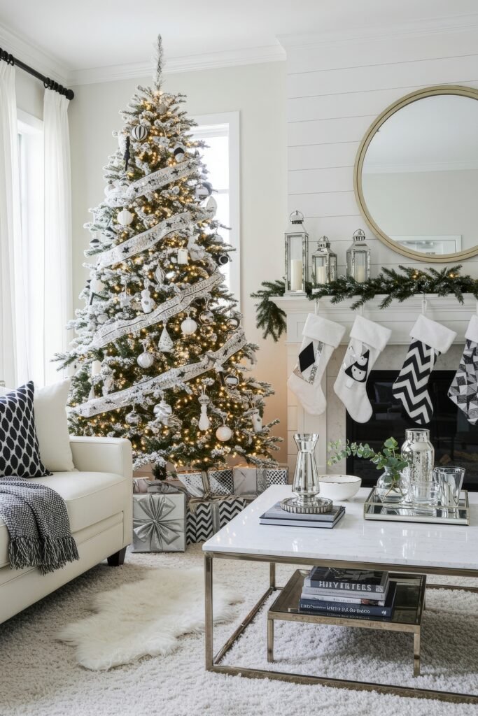 Bright holiday living room with a flocked tree wrapped in silver ribbon, a mantel with greenery and lanterns, and stockings in bold black-and-white patterns.