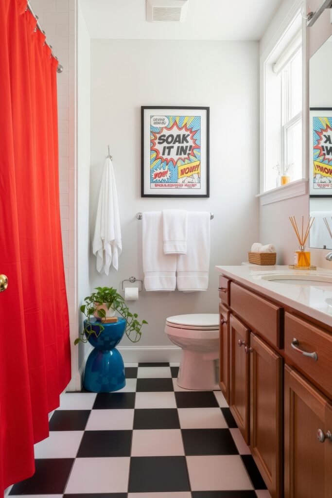 Small Changes, Big Smiles with funny bathroom decor 15 Bold bathroom decor with red shower curtain, black-and-white checkered floor, and pop art print adding comic-style funny bathroom decor energy.