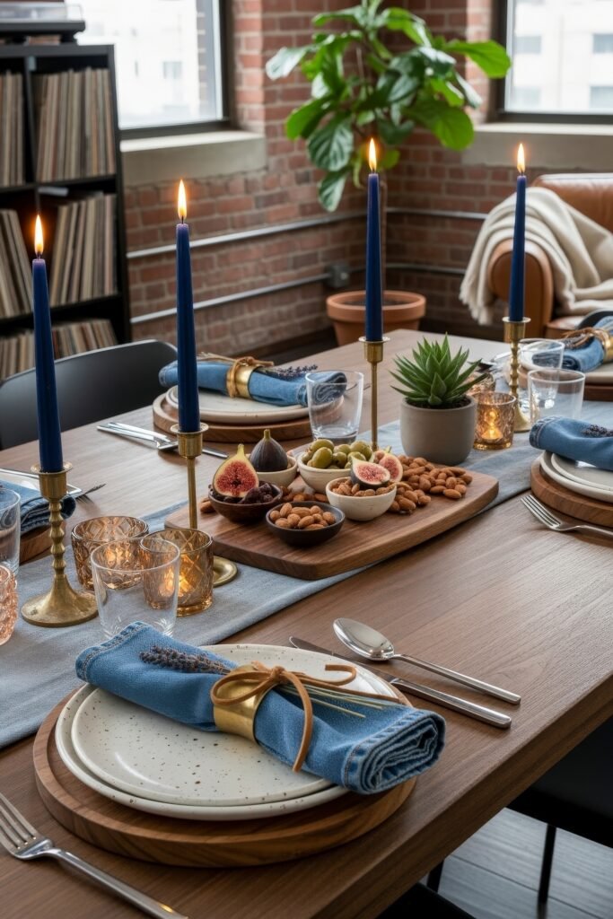 Fresh Ways to Style Blue Thanksgiving Table Décor 10 Modern Thanksgiving décor with brass candlesticks, blue napkins, figs, nuts, grapes, and amber glass votives.