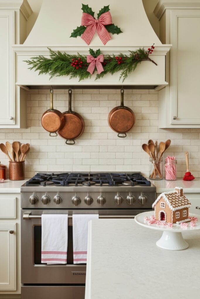 Cozy Ways to Style a Christmas Kitchen That Feels Magical 10 Festive christmas kitchen with copper pans hanging above the stove, red-striped bows and holly garland, and a gingerbread house centerpiece on a bright countertop.
