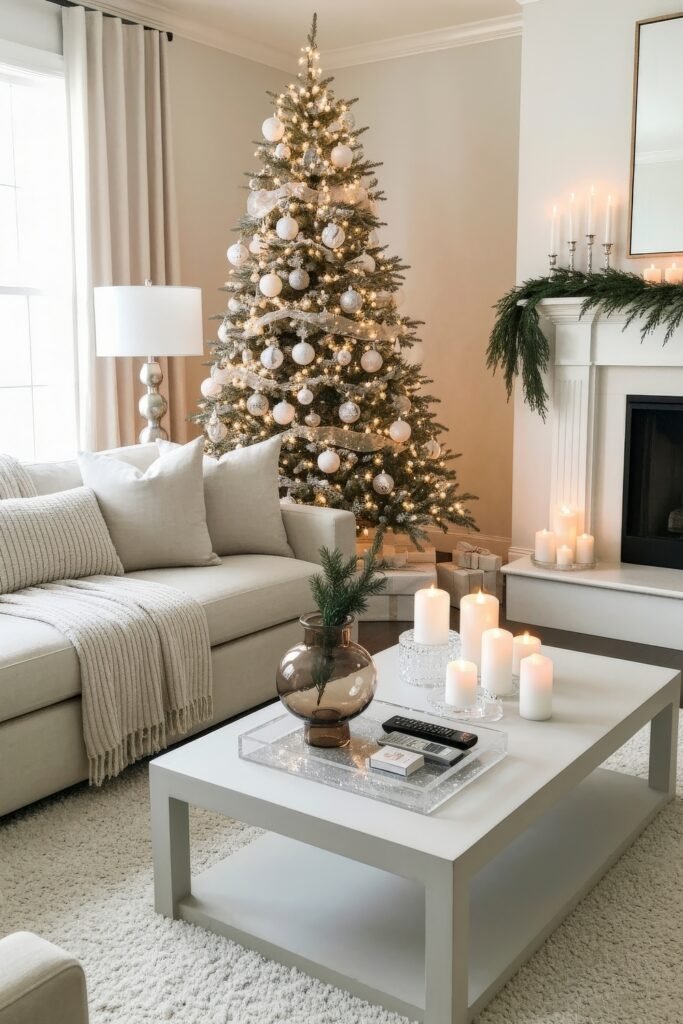 Cozy, Modern Magic for Your christmas living room 13 A serene christmas living room in soft neutrals with a lit tree in white and silver, a white fireplace with greenery, and a coffee table filled with glowing candles.