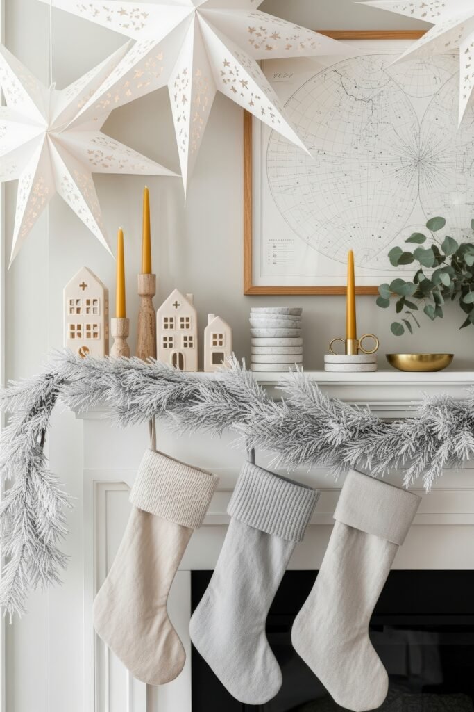 Minimalist Cozy Christmas Décor with paper star lanterns, mustard candles, small ceramic houses, frosted garland, and neutral stockings.