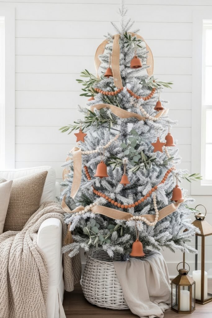 Cozy Ways to Style Farmhouse Christmas Décor 11 Flocked Christmas tree decorated with terracotta bells, stars, and wooden bead garlands, set in a white woven basket beside a cozy chair and lanterns.