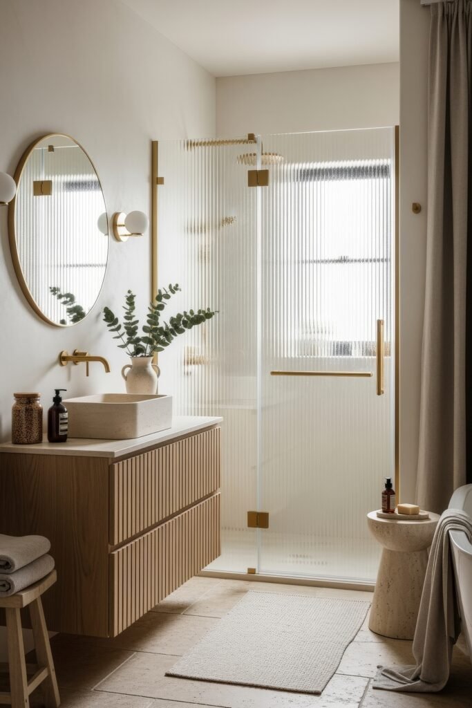 Bathroom Decor Inspo: Fresh Ideas for gold bathroom decor 12 Minimalist bathroom featuring a ribbed glass shower door with gold hardware, floating vanity with vessel sink, round mirror, and natural accents.