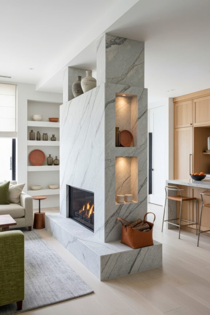 Smart Ways to Style a Kitchen and Living Room Combo 12 Sleek combo space centered around a dramatic marble fireplace with built-in niches, surrounded by neutral furniture, natural textures, and open shelving for a refined, sculptural look.