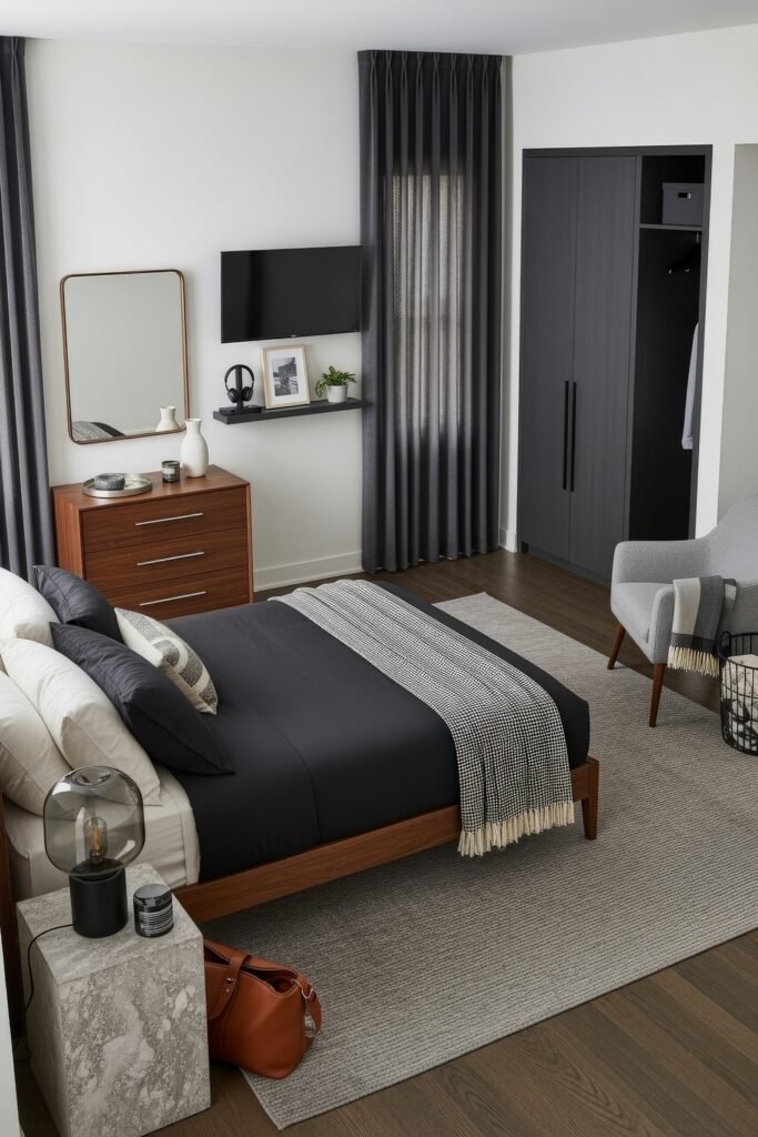 Effortlessly Stylish bedroom ideas for men That Feel Personal 13 Sleek bedroom with a dark wood bed, black bedding, gray accent chair, and a dresser beneath a mirror, accented by dark curtains and minimal decor.