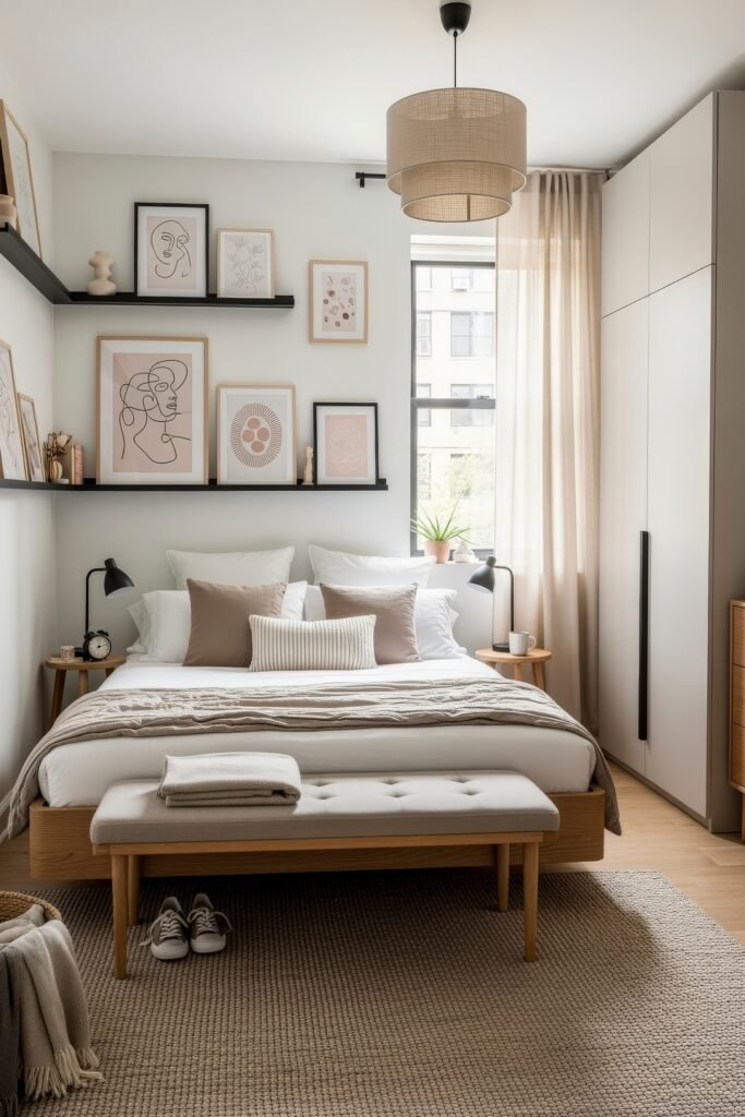 Compact bedroom with neutral bedding, a tufted bench, and gallery-style wall art, offering stylish bedroom ideas for small rooms.
