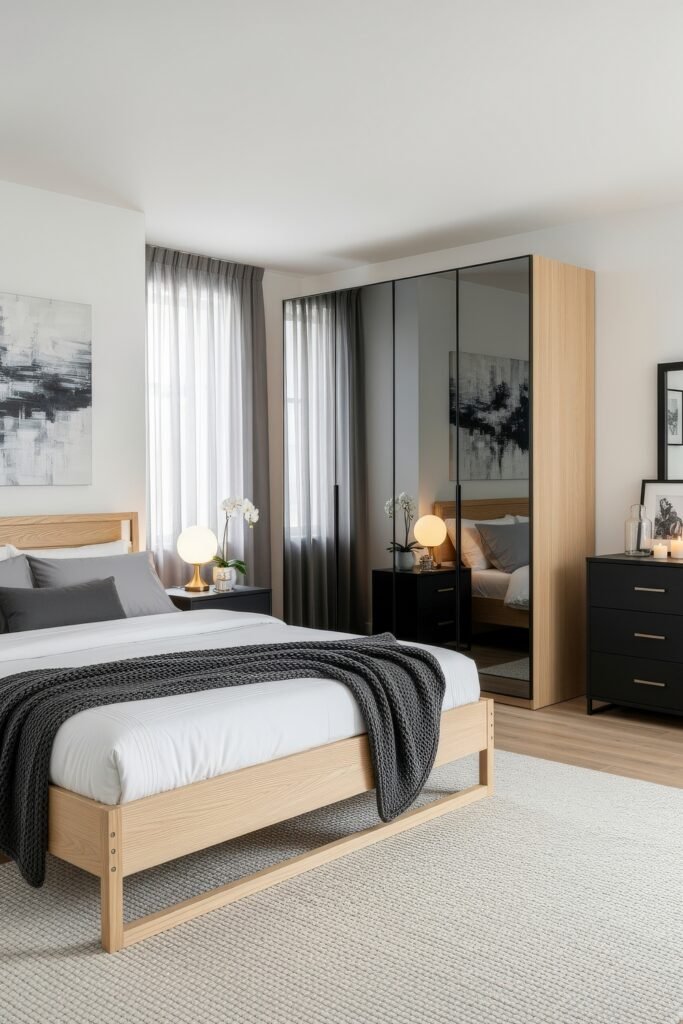 Modern bedroom with a minimalist wood bed, crisp white bedding, charcoal throw, and mirrored wardrobes reflecting the soft gray curtains.