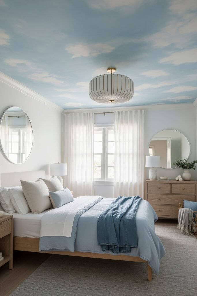 Fresh blue bedroom ideas for a calm, chic retreat 14 Airy bedroom with a sky-inspired ceiling mural, light wood furniture, soft blue bedding, and sheer white curtains.