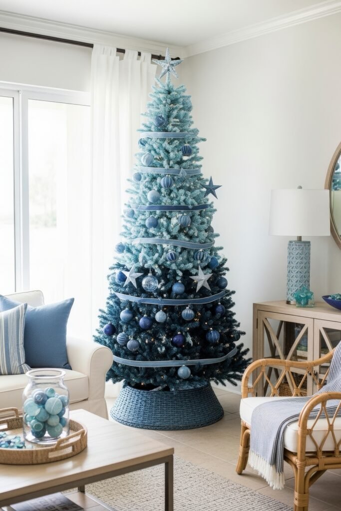 Cozy Holiday Magic With Blue Christmas Décor 13 Bright coastal-style space with an ombre blue Christmas tree decorated with blue baubles and silver stars, surrounded by light furnishings and ocean-inspired décor.