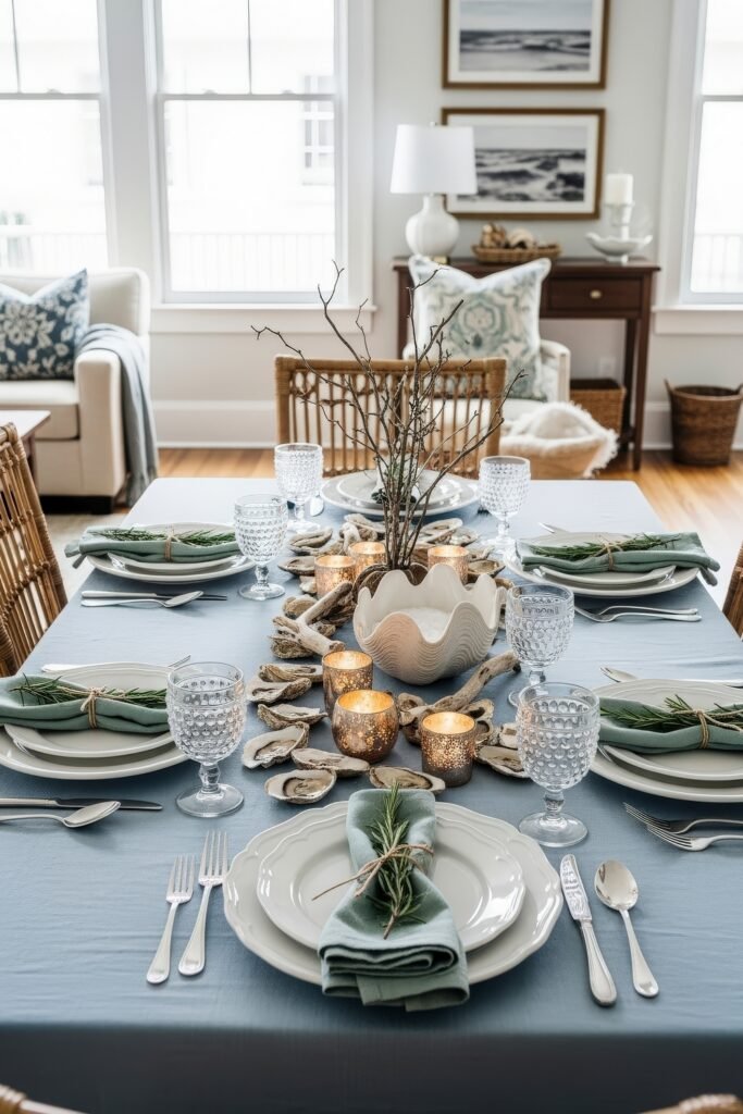 Fresh Ways to Style Blue Thanksgiving Table Décor 11 Coastal-inspired Thanksgiving décor with a blue tablecloth, seashell accents, candles, and sage-green napkins tied with rosemary.