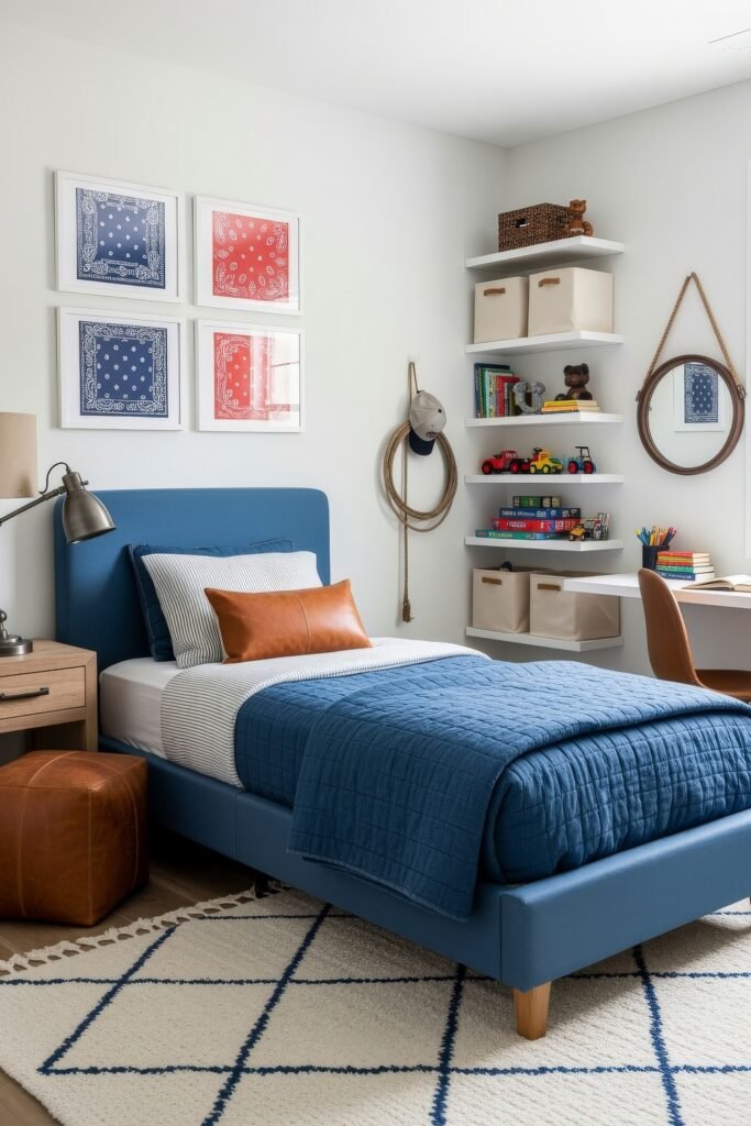 Breezy, Stylish Boys Bedroom Ideas for Modern Families 13 Western-inspired boys room with a blue upholstered bed, brown leather accents, framed bandana prints, and open shelving filled with books and toys, blending rustic charm with functionality.
