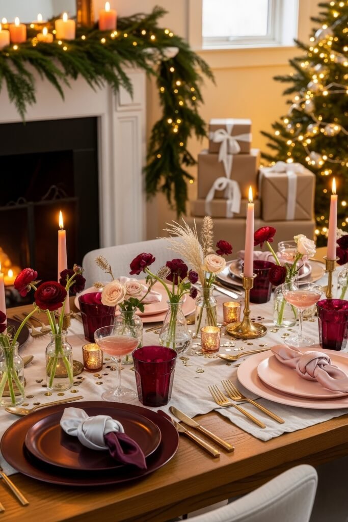 Cozy-Luxe Ideas for Burgundy Christmas Decor 12 Festive dining table with burgundy glassware, pink and red flowers, and glowing candles near a fireplace and Christmas tree.