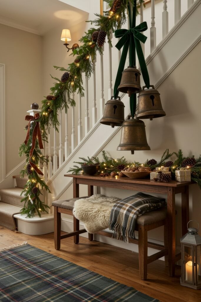 Cozy Christmas Décor for a christmas entryway 13 A warm hallway with garland-wrapped stairs, oversized bronze bells tied with green ribbon, and a wooden bench layered with a fur throw and plaid blanket for a rustic Cozy Christmas Décor style.